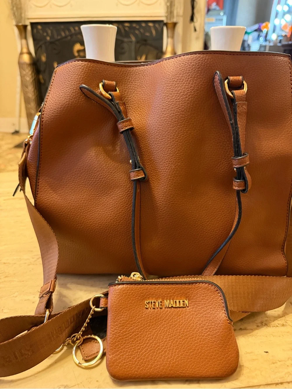 Steve Madden Tan/Brown Leather Messenger Bag with Matching Pouch